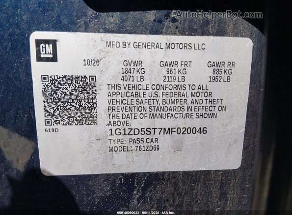 1G1ZD5ST7MF020046 2021 CHEVROLET MALIBU Blue Շարժիչի բաժամունքի տեսք