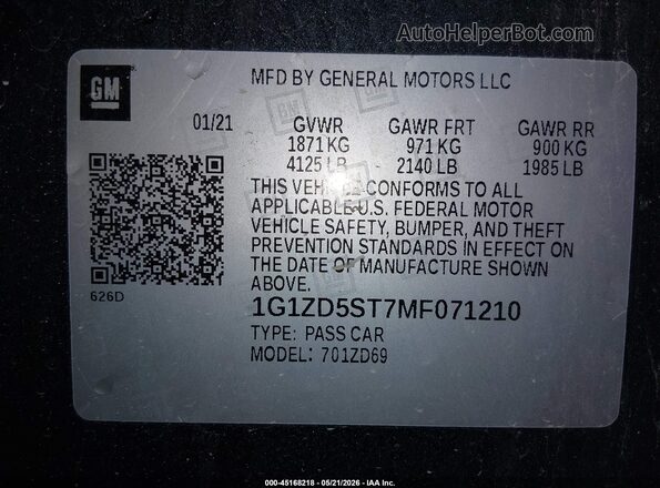 1G1ZD5ST7MF071210 2021 CHEVROLET MALIBU Синий Вид подкапотного пространства