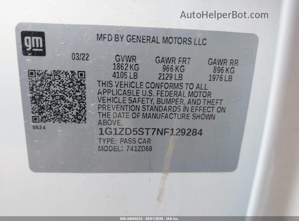 1G1ZD5ST7NF129284 2022 CHEVROLET MALIBU White ძრავის განყოფილების ხედი