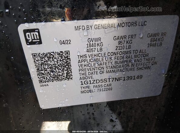 1G1ZD5ST7NF139149 2022 CHEVROLET MALIBU Black Widok komory silnika