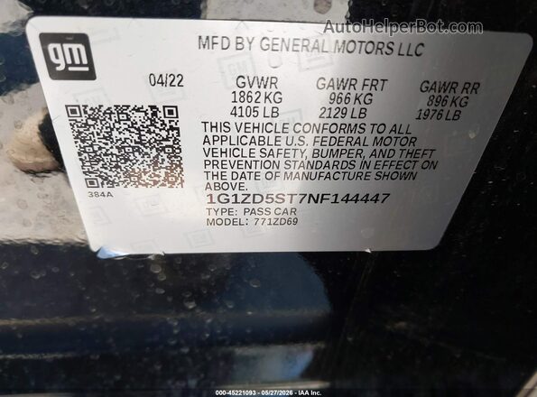 1G1ZD5ST7NF144447 2022 CHEVROLET MALIBU Black 