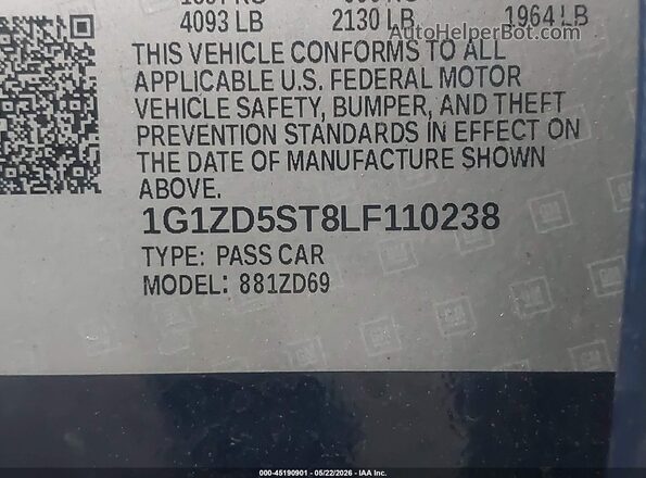 1G1ZD5ST8LF110238 2020 CHEVROLET MALIBU Blue Engine compartment view