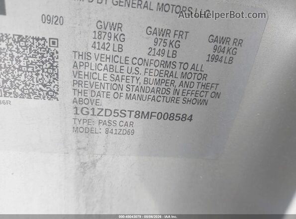 1G1ZD5ST8MF008584 2021 CHEVROLET MALIBU Серебряный Вид подкапотного пространства