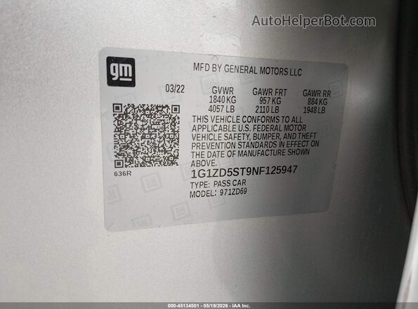 1G1ZD5ST9NF125947 2022 CHEVROLET MALIBU Серебряный Вид подкапотного пространства