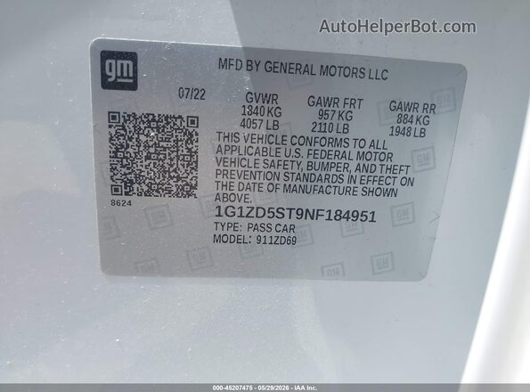 1G1ZD5ST9NF184951 2022 CHEVROLET MALIBU Белый Вид подкапотного пространства