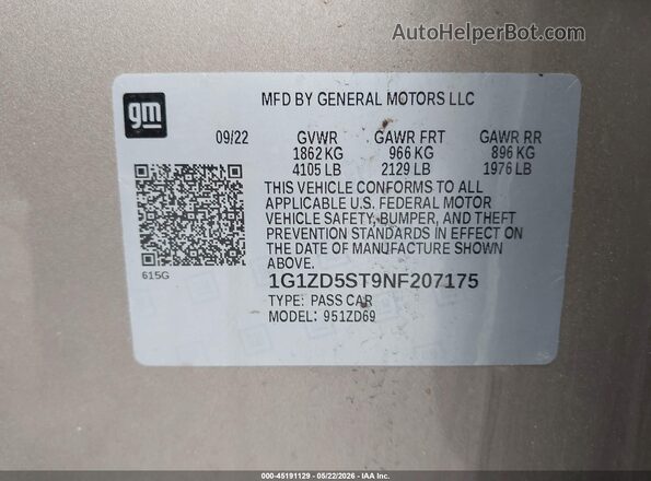 1G1ZD5ST9NF207175 2022 CHEVROLET MALIBU Tan 