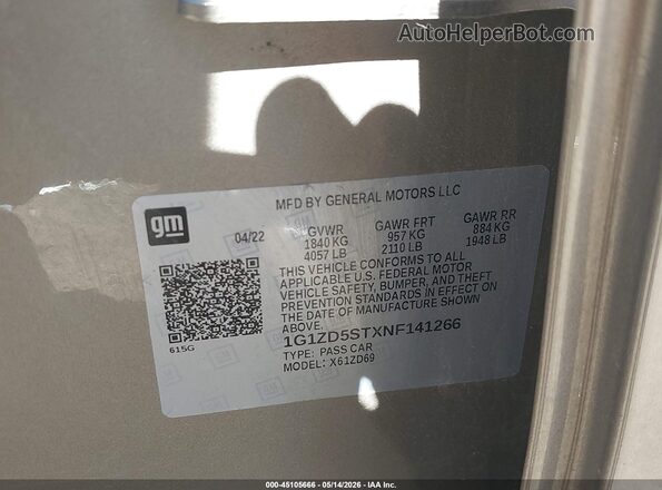 1G1ZD5STXNF141266 2022 CHEVROLET MALIBU Gray Widok komory silnika