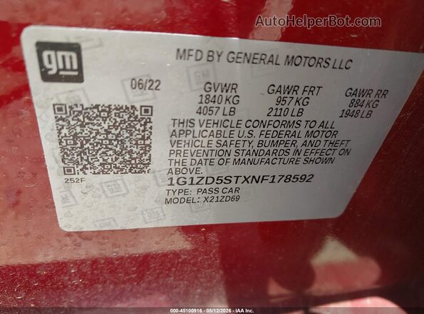 1G1ZD5STXNF178592 2022 CHEVROLET MALIBU Red Вид підкапотного простору