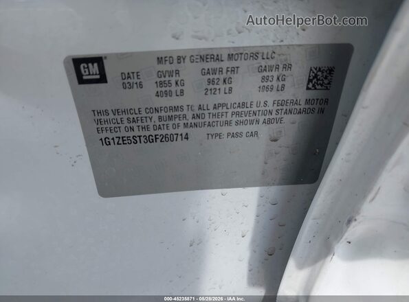 1G1ZE5ST3GF260714 2016 CHEVROLET MALIBU Белый Вид подкапотного пространства