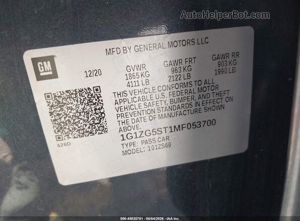 1G1ZG5ST1MF053700 2021 CHEVROLET MALIBU Серый Вид подкапотного пространства