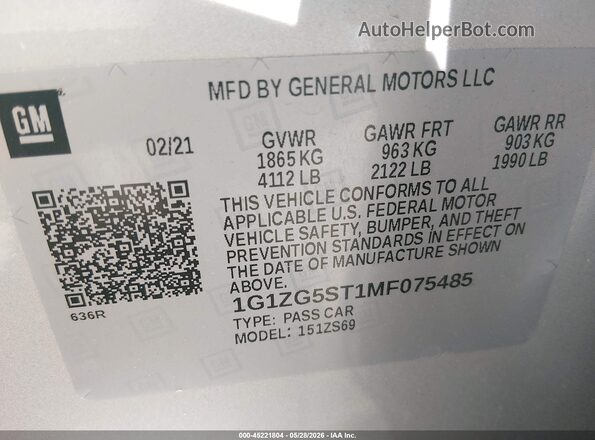 1G1ZG5ST1MF075485 2021 CHEVROLET MALIBU Silver Вид підкапотного простору