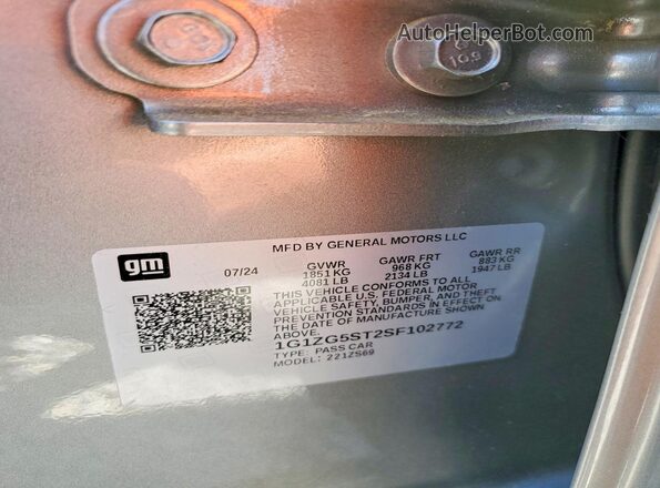 1G1ZG5ST2SF102772 2025 CHEVROLET MALIBU Silver Vista de la etiqueta del VIN