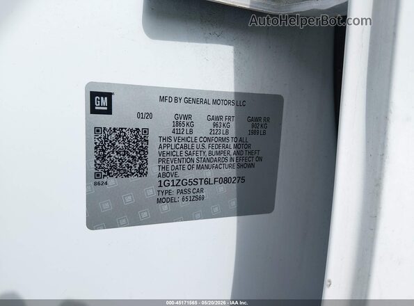 1G1ZG5ST6LF080275 2020 CHEVROLET MALIBU White Вид підкапотного простору