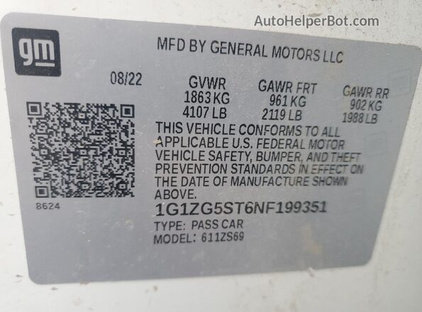 1G1ZG5ST6NF199351 2022 CHEVROLET MALIBU White Widok naklejki z numerem VIN