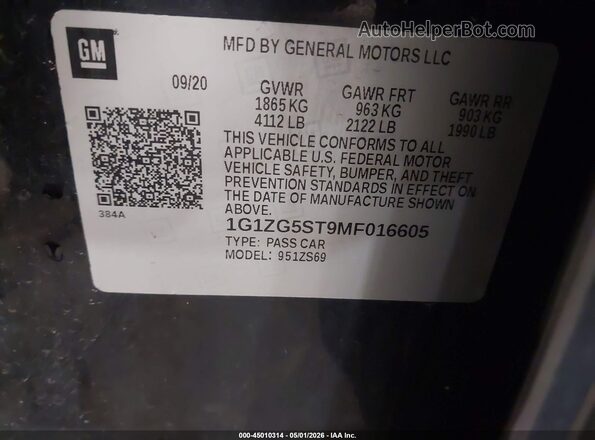 1G1ZG5ST9MF016605 2021 CHEVROLET MALIBU Black 