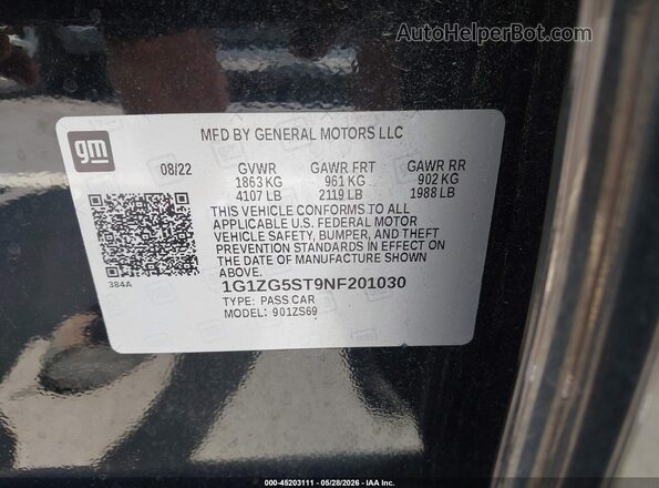 1G1ZG5ST9NF201030 2022 CHEVROLET MALIBU Black 