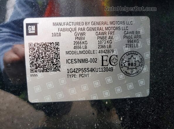 1G4ZP5SS4KU113049 2019 BUICK LACROSSE Black VIN კოდის სტიკერის ხედი