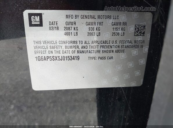 1G6AP5SX5J0153419 2018 CADILLAC CTS Черный Вид подкапотного пространства