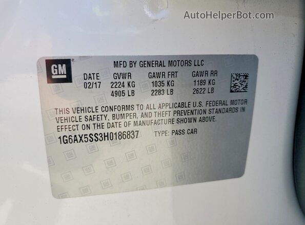 1G6AX5SS3H0186837 2017 CADILLAC CTS White ძრავის განყოფილების ხედი