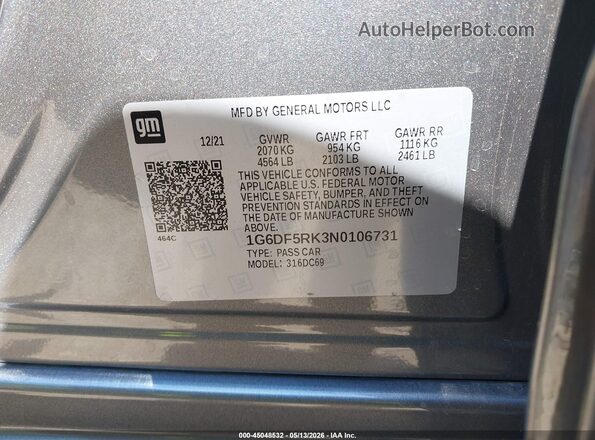 1G6DF5RK3N0106731 2022 CADILLAC CT4 Серый Вид наклейки с VIN-кодом