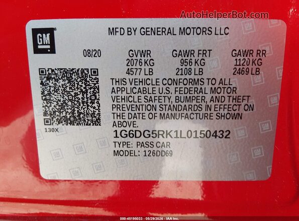 1G6DG5RK1L0150432 2020 CADILLAC CT4 Красный Вид подкапотного пространства