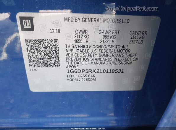 1G6DP5RK2L0119531 2020 CADILLAC CT5 Blue Widok komory silnika