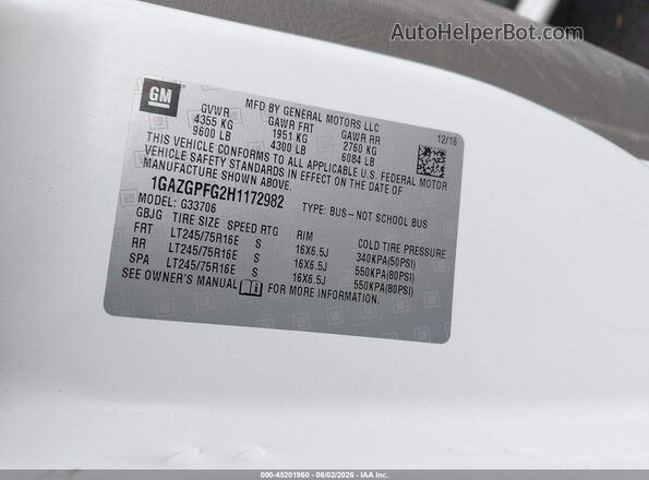 1GAZGPFG2H1172982 2017 CHEVROLET EXPRESS White ძრავის განყოფილების ხედი