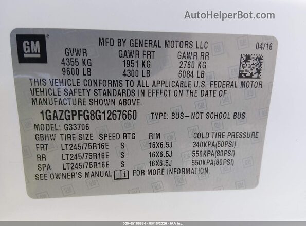 1GAZGPFG8G1267660 2016 CHEVROLET EXPRESS White ძრავის განყოფილების ხედი