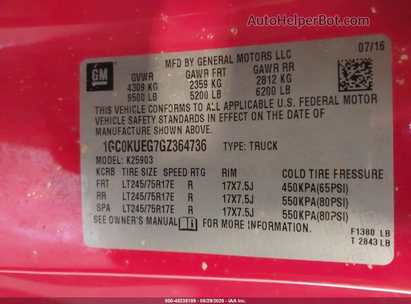 1GC0KUEG7GZ364736 2016 CHEVROLET SILVERADO Red Շարժիչի բաժամունքի տեսք