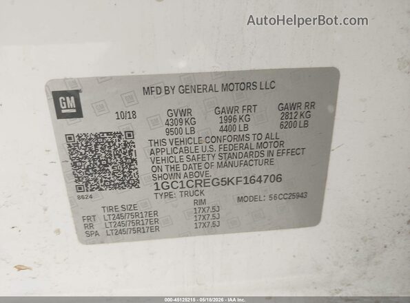 1GC1CREG5KF164706 2019 CHEVROLET SILVERADO White ძრავის განყოფილების ხედი