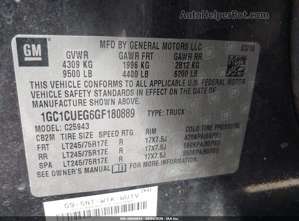 1GC1CUEG6GF180889 2016 CHEVROLET SILVERADO Gray ძრავის განყოფილების ხედი