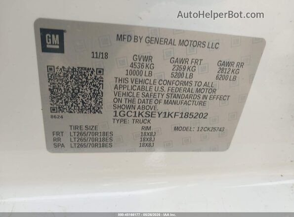 1GC1KSEY1KF185202 2019 CHEVROLET SILVERADO White 