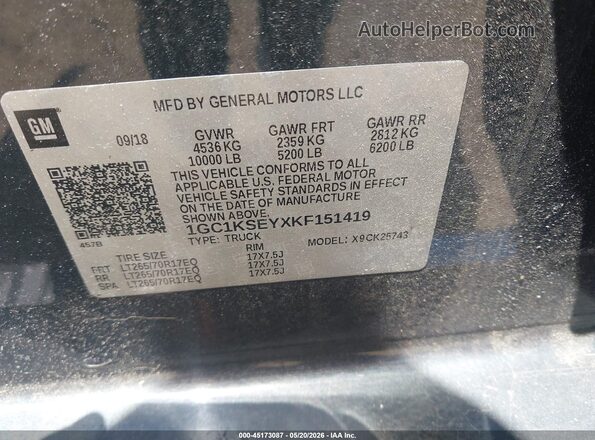 1GC1KSEYXKF151419 2019 CHEVROLET SILVERADO Серый Вид подкапотного пространства