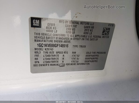 1GC1KVE88GF148916 2016 CHEVROLET SILVERADO White Widok komory silnika
