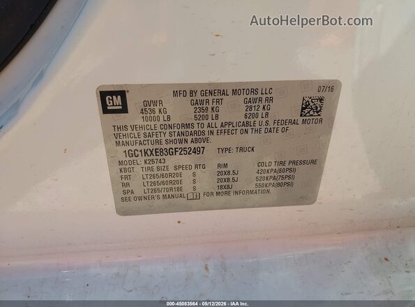 1GC1KXE83GF252497 2016 CHEVROLET SILVERADO Белый 
