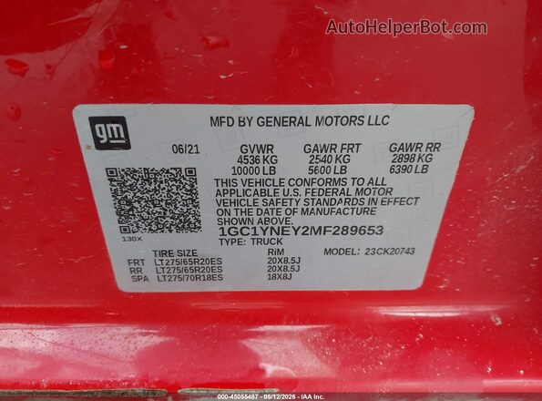 1GC1YNEY2MF289653 2021 CHEVROLET SILVERADO Red Շարժիչի բաժամունքի տեսք