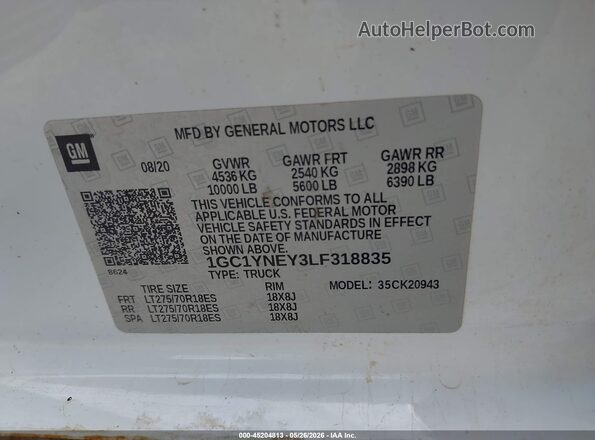 1GC1YNEY3LF318835 2020 CHEVROLET SILVERADO White ძრავის განყოფილების ხედი