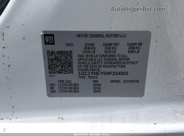 1GC1YNEY5MF254802 2021 CHEVROLET SILVERADO White Вид підкапотного простору