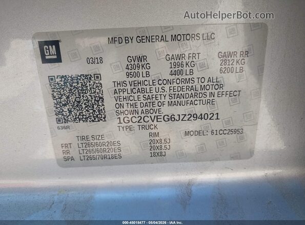 1GC2CVEG6JZ294021 2018 CHEVROLET SILVERADO Silver ძრავის განყოფილების ხედი