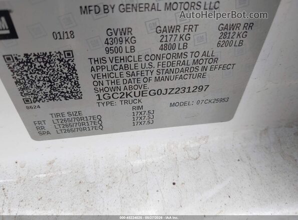 1GC2KUEG0JZ231297 2018 CHEVROLET SILVERADO White 