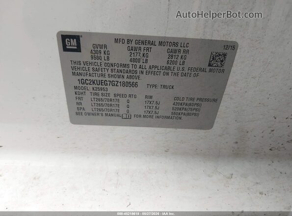 1GC2KUEG7GZ180566 2016 CHEVROLET SILVERADO White Вид підкапотного простору