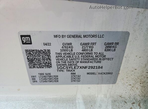 1GC5YLE7XNF292184 2022 CHEVROLET SILVERADO White 