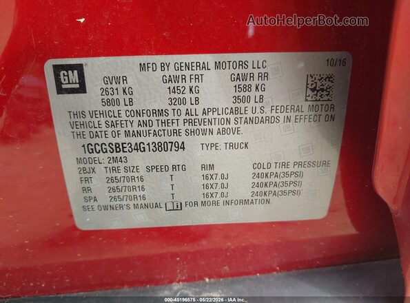 1GCGSBE34G1380794 2016 CHEVROLET COLORADO Red 