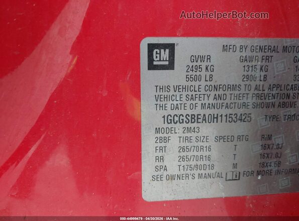 1GCGSBEA0H1153425 2017 CHEVROLET COLORADO Red Engine compartment view