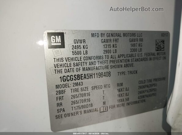 1GCGSBEA5H1198408 2017 CHEVROLET COLORADO White Вид підкапотного простору