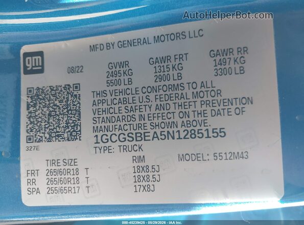 1GCGSBEA5N1285155 2022 CHEVROLET COLORADO Blue 