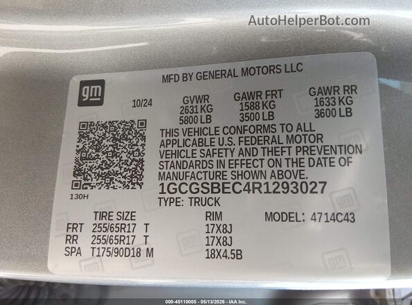 1GCGSBEC4R1293027 2024 CHEVROLET COLORADO Blue Vista del compartimento del motor
