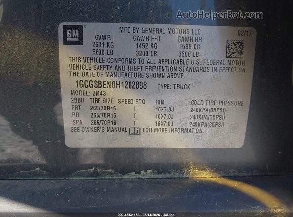 1GCGSBEN0H1202898 2017 CHEVROLET COLORADO Gray Engine compartment view