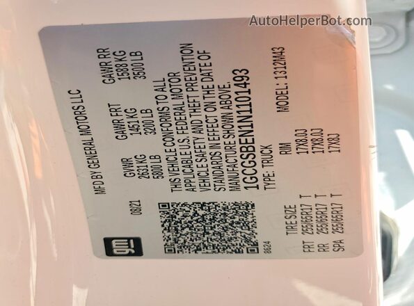 1GCGSBEN1N1101493 2022 CHEVROLET COLORADO White VIN sticker view