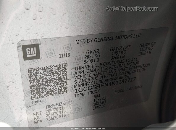 1GCGSBEN4K1187717 2019 CHEVROLET COLORADO Silver Engine compartment view